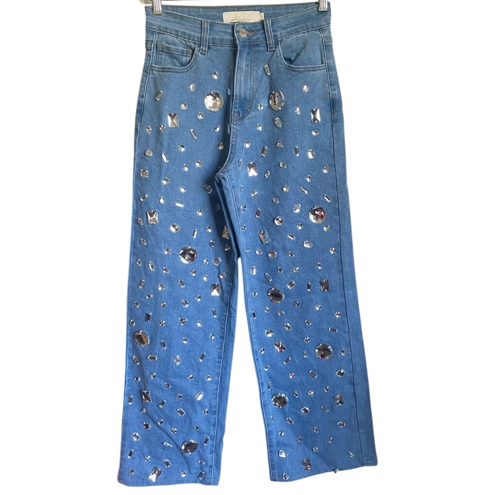 Lizette Collection Bejeweled Statement Jeans - Y2k Style Sparkle Denim Pants SM